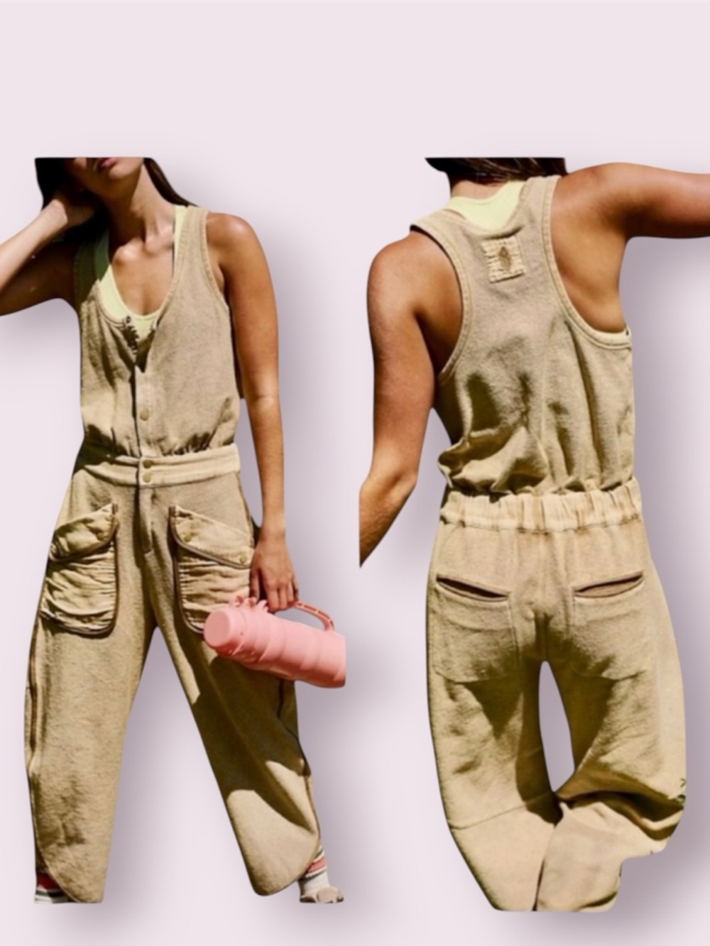 NWOT Free People Movement Timko Onesie Utility Jumpsuit Wide Leg Neutral Tan Med